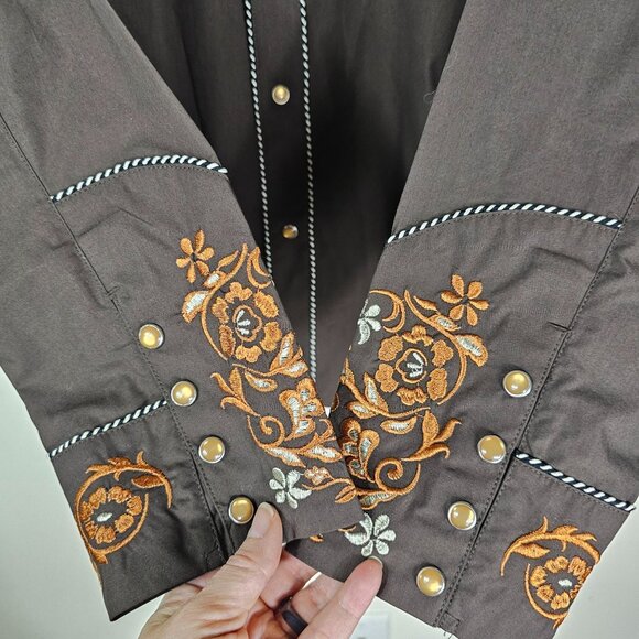 Salvaje Oeste Western Cowboy Pearl Snap Shirt M Brown Orange Embroidered Rodeo - Picture 3 of 8